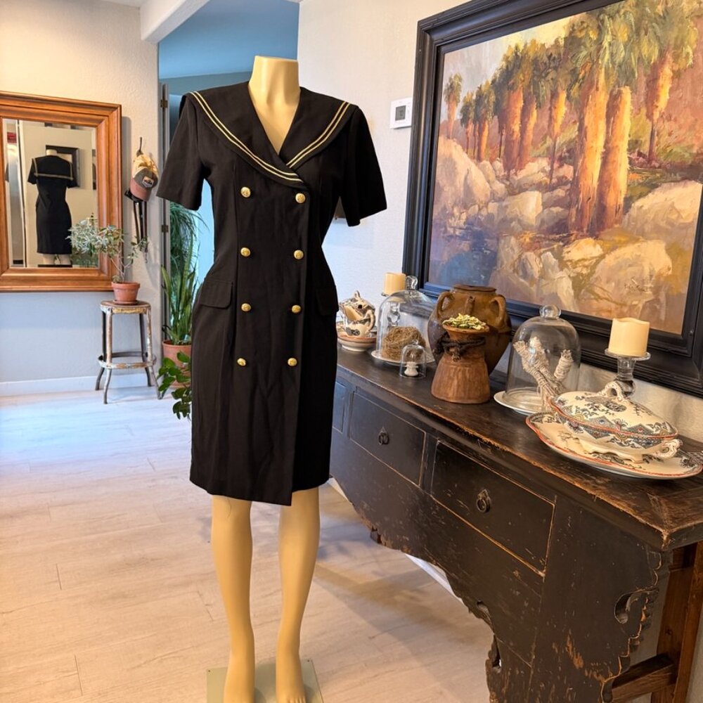 Miss Dorby Sailor Theme Knee Length BLACK DRESS w/ Gold Buttons and Trim